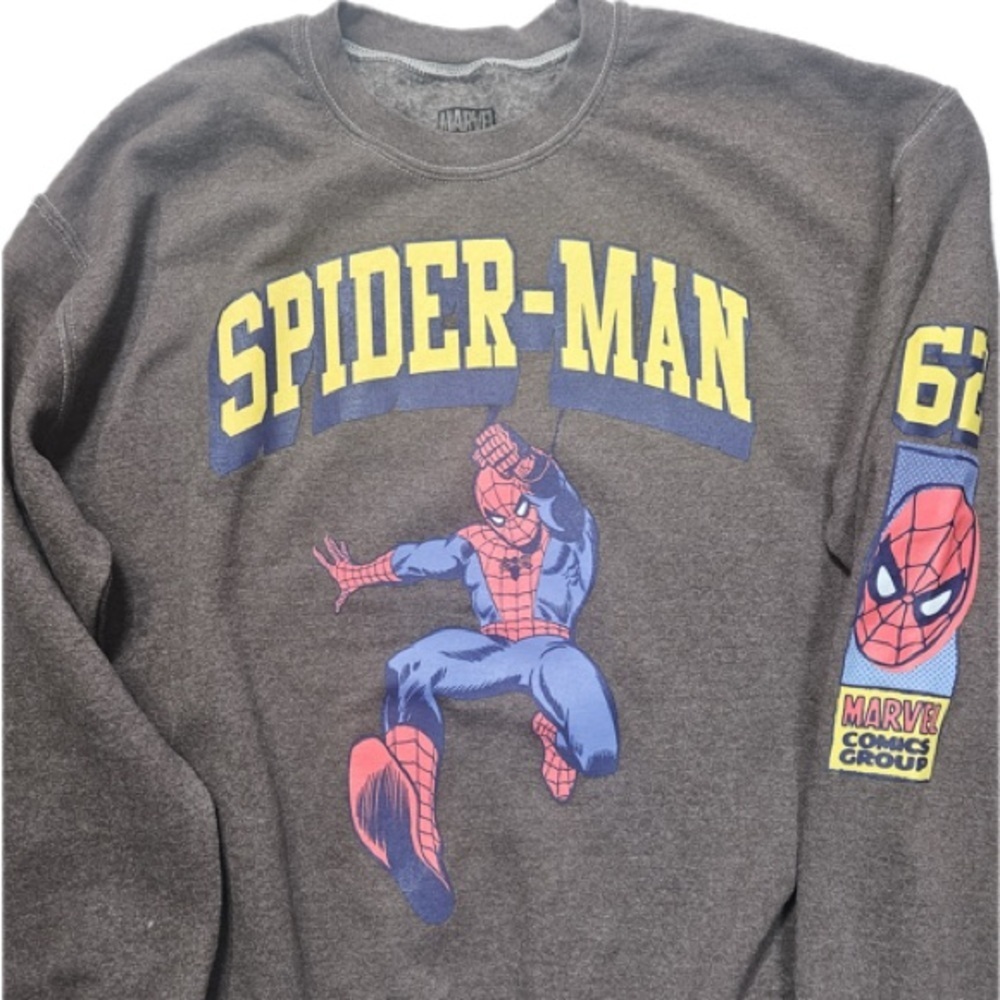 Marvel Spider-Man Sweatshirt Mens Medium Brown Pullover 62 Sleeve Graphic Fleece